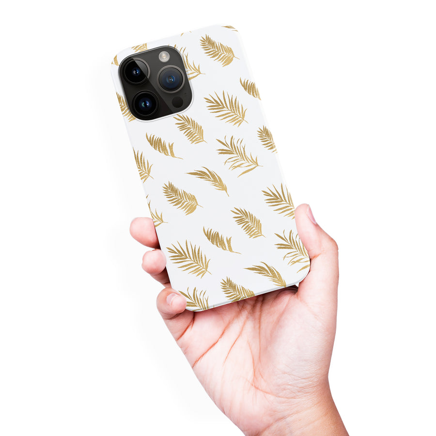 iPhone 15 Pro Max gold fern leaves phone case in white