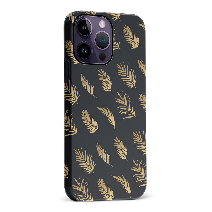 iPhone 14 Pro Max gold fern leaves phone case in black