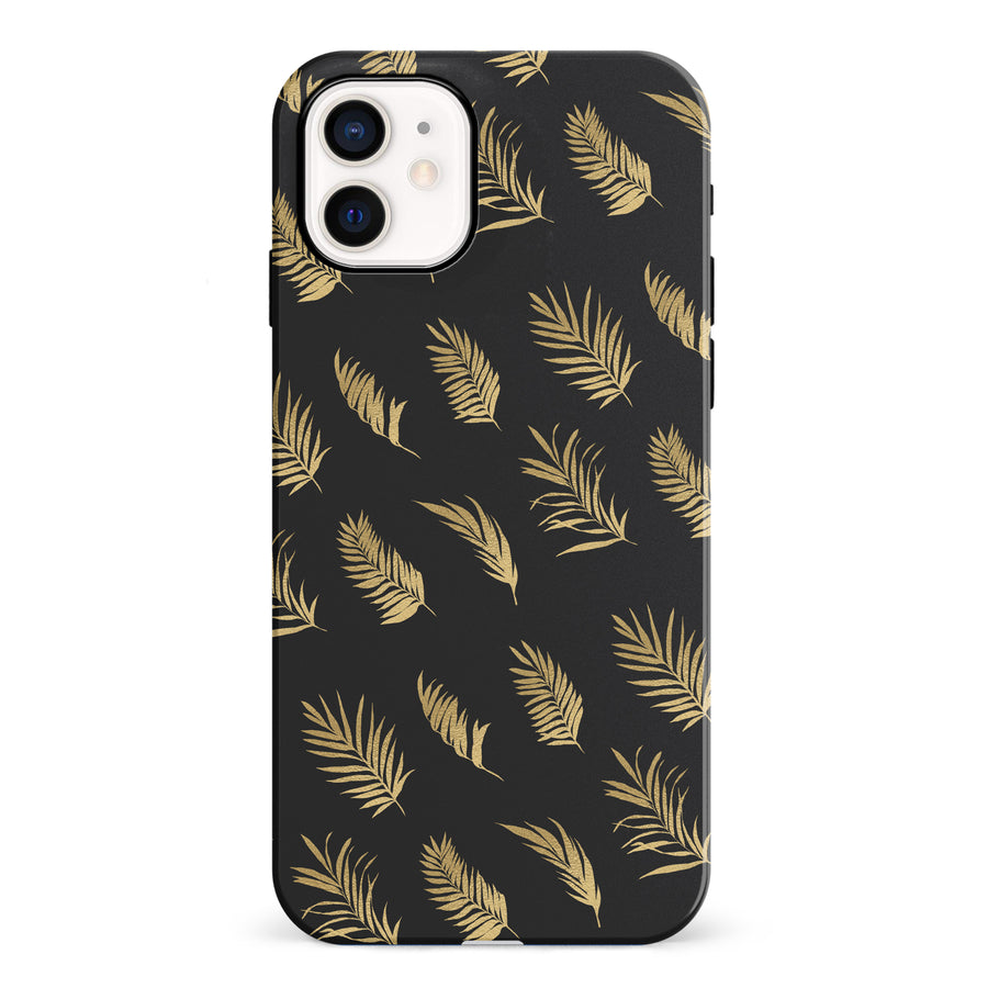 iPhone 12 Mini gold fern leaves phone case in black