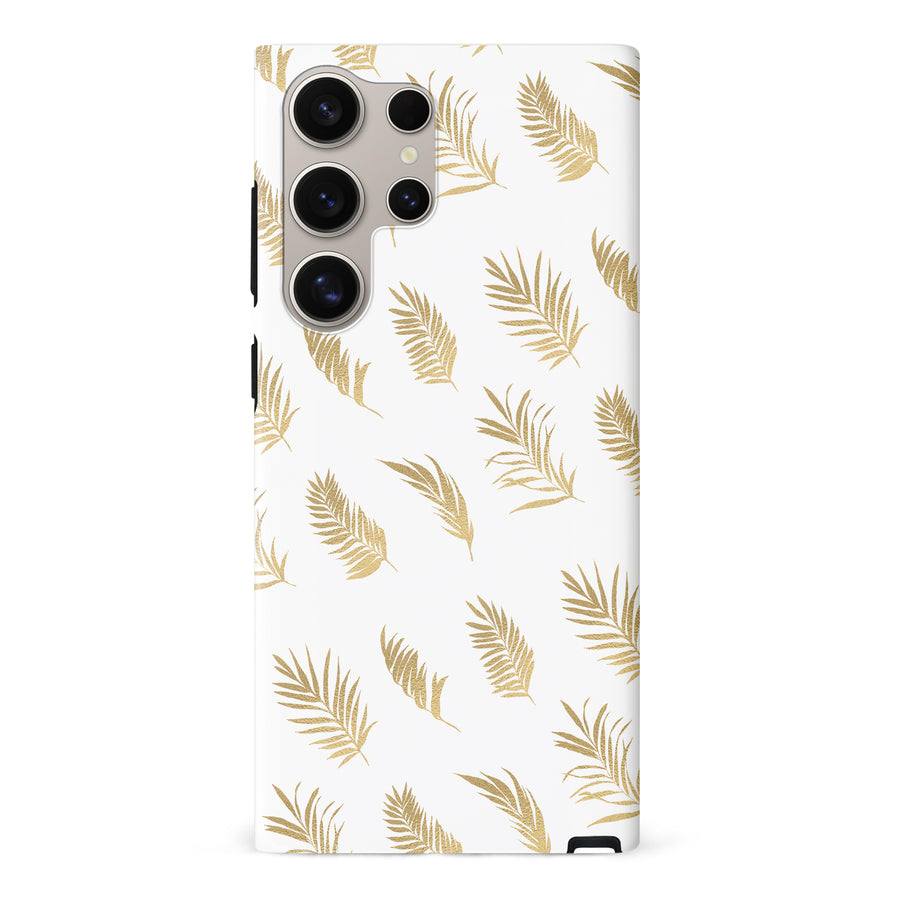 Samsung S24 Ultra Gold Fern Leaves Floral Phone Case - White