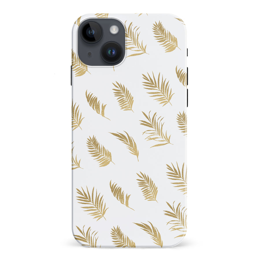 iPhone 15 Plus gold fern leaves phone case in white