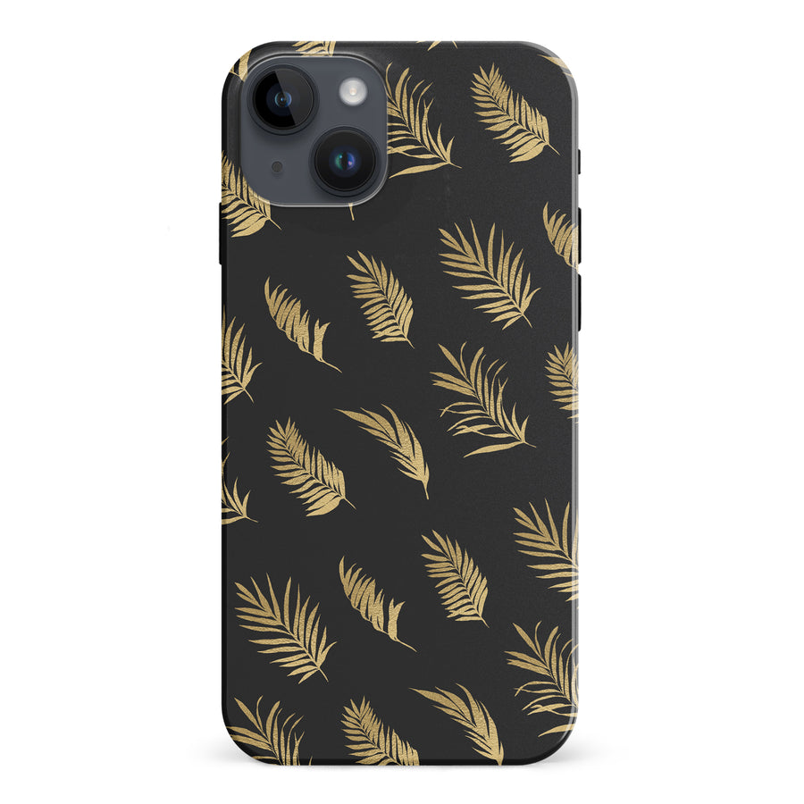 iPhone 15 Plus gold fern leaves phone case in black