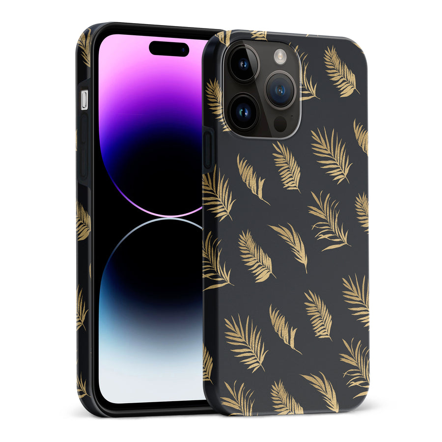 iPhone 15 Pro Max gold fern leaves phone case in black