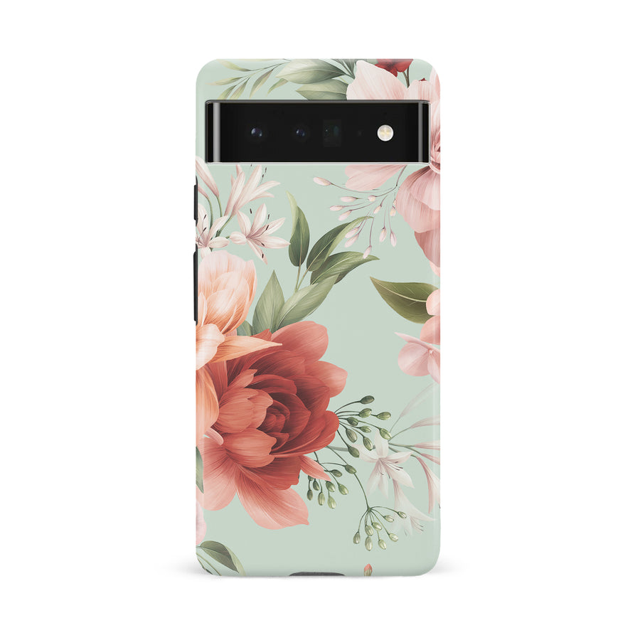 Google Pixel 6A peonies one phone case in green
