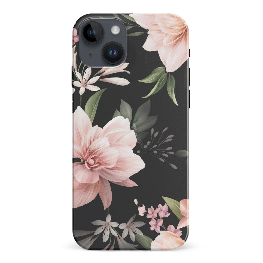 iPhone 15 Plus Peonies Floral Phone Case in Black