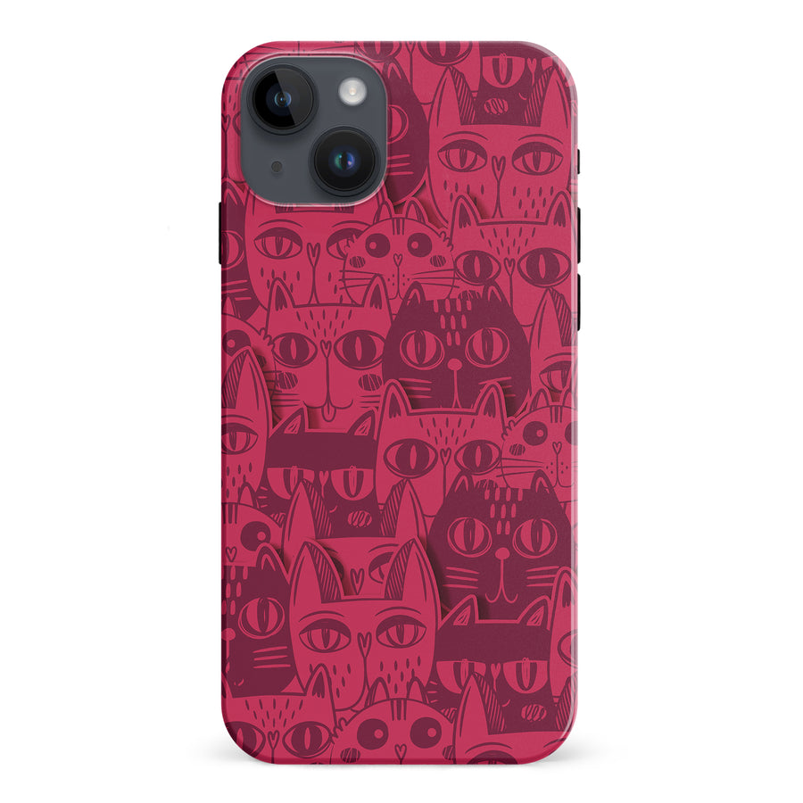 iPhone 15 Plus Abstract Cats Art Cat Phone Case - Red