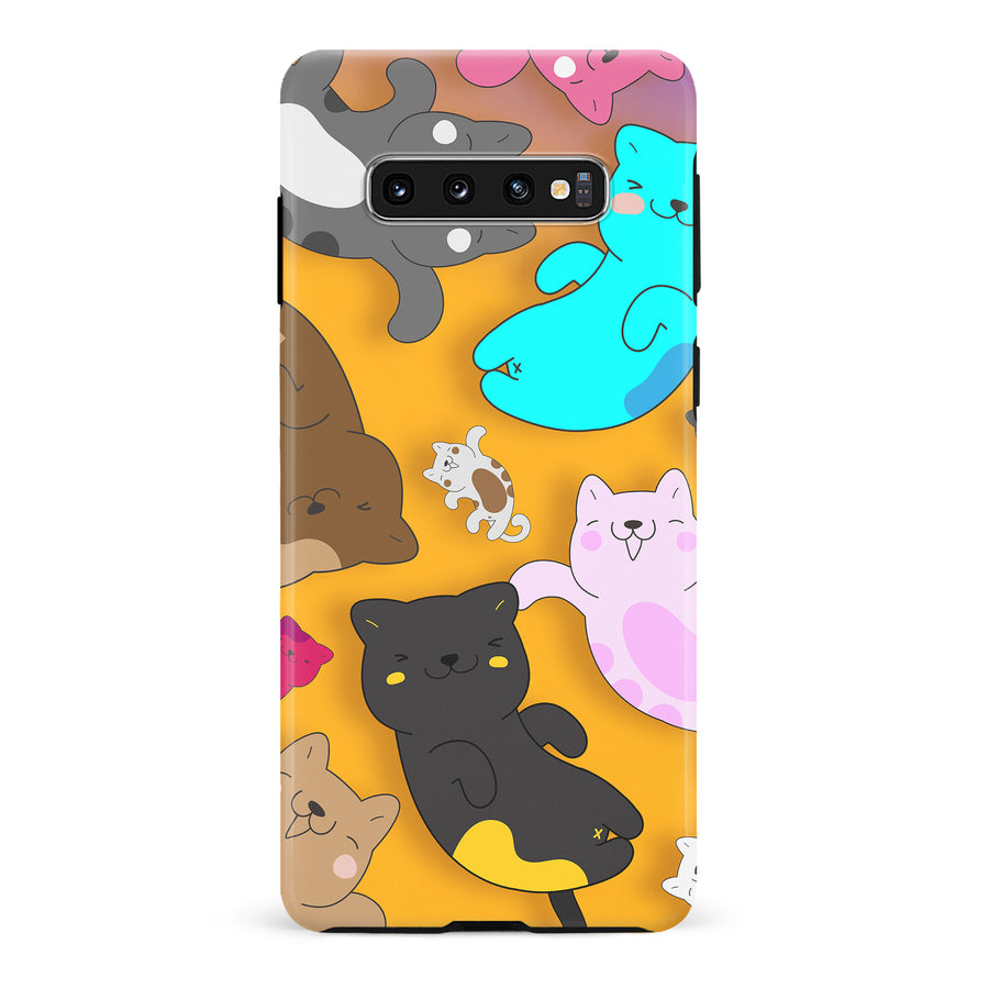 Samsung Galaxy S10 Playful Pastel Cats on Yellow Background Cat Phone Case