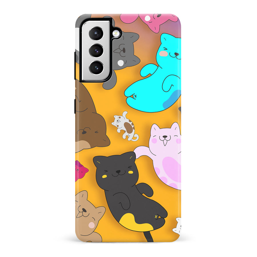 Samsung Galaxy S21 Playful Pastel Cats on Yellow Background Cat Phone Case