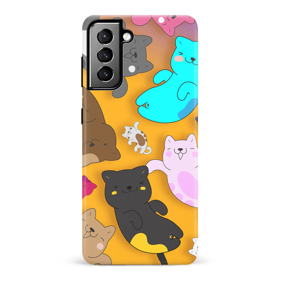 Samsung Galaxy S21 Plus Playful Pastel Cats on Yellow Background Cat Phone Case