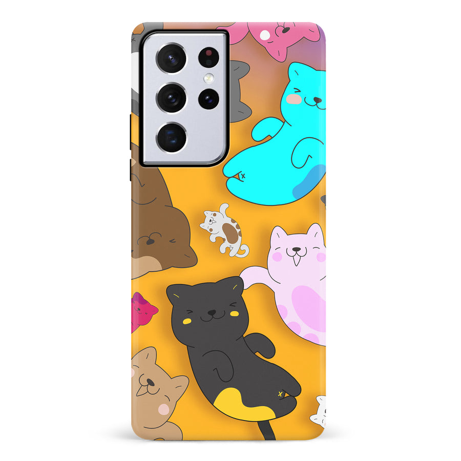 Samsung Galaxy S21 Ultra Playful Pastel Cats on Yellow Background Cat Phone Case