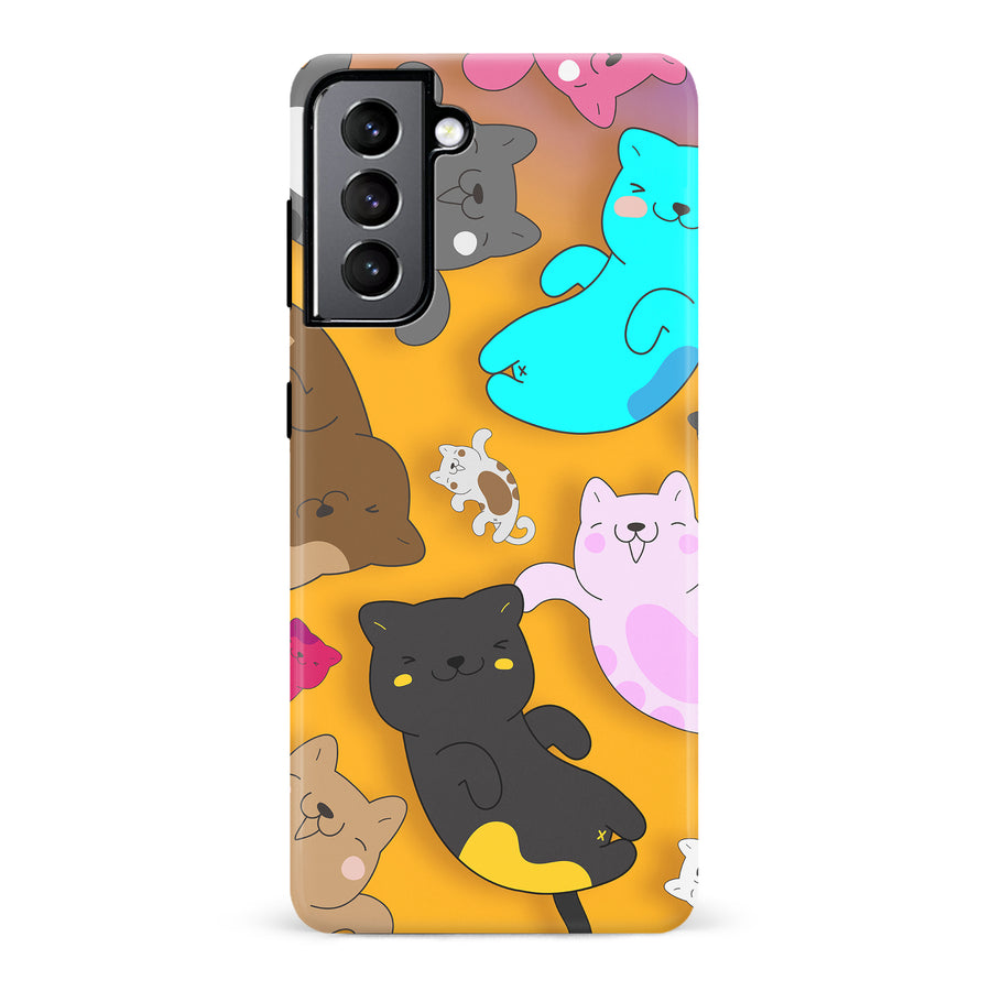 Samsung Galaxy S22 Playful Pastel Cats on Yellow Background Cat Phone Case