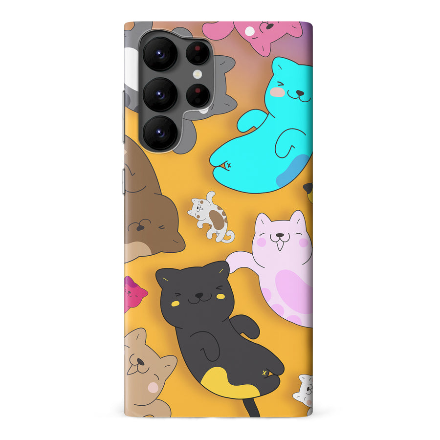 Samsung Galaxy S22 Ultra Playful Pastel Cats on Yellow Background Cat Phone Case