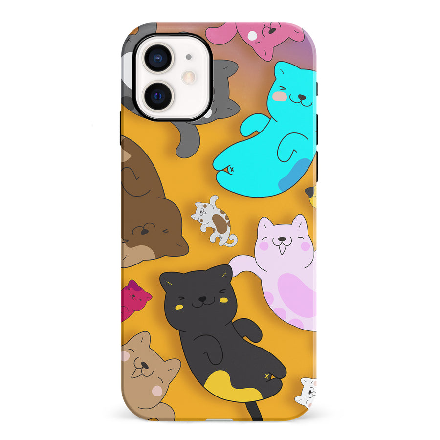 iPhone 12 Mini Playful Pastel Cats on Yellow Background Cat Phone Case