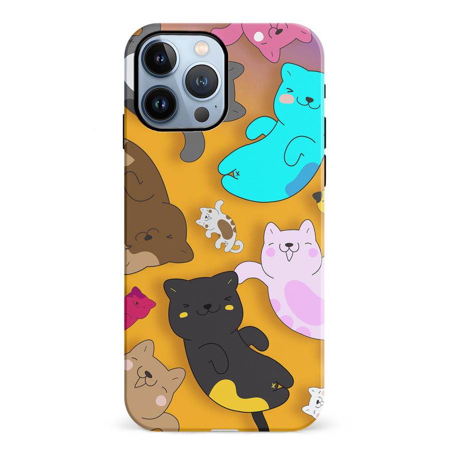 iPhone 12 Pro Playful Pastel Cats on Yellow Background Cat Phone Case