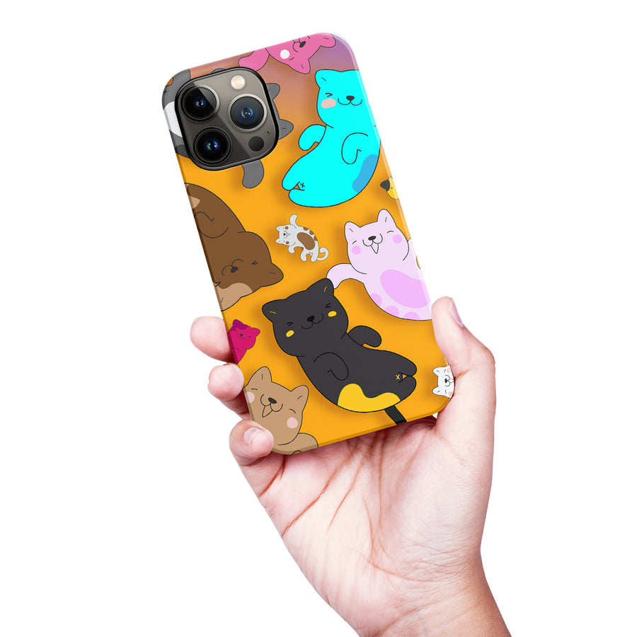 iPhone 13 Pro Max Playful Pastel Cats on Yellow Background Cat Phone Case