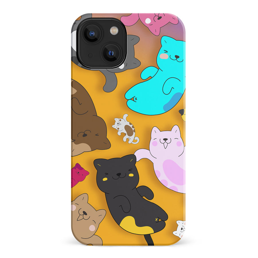 iPhone 14 Playful Pastel Cats on Yellow Background Cat Phone Case