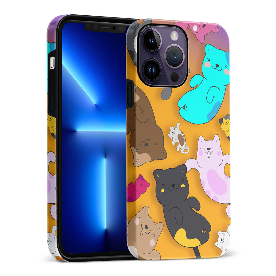 iPhone 14 Pro Max Playful Pastel Cats on Yellow Background Cat Phone Case