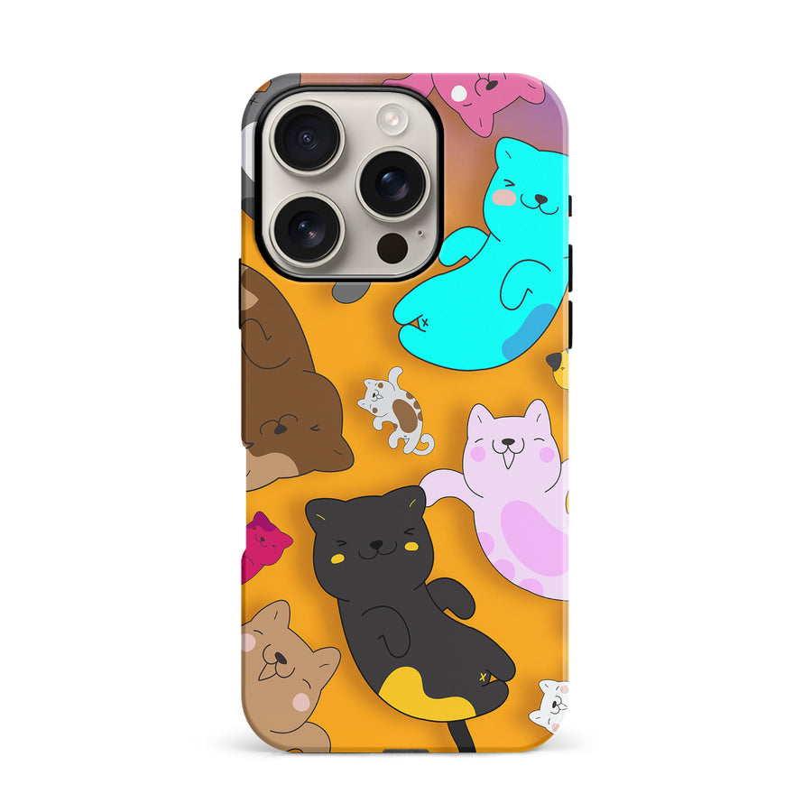 iPhone 16 Pro Playful Pastel Cats on Yellow Background Cat Phone Case