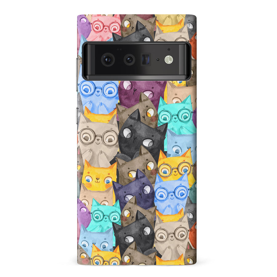 Google Pixel 6 Pro Watercolor Cats with Glasses Multicolor Design Cat Phone Case