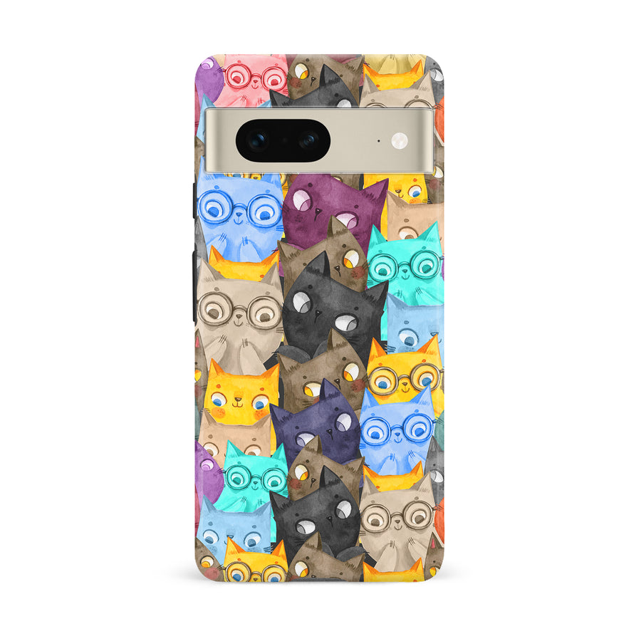 Google Pixel 7 Watercolor Cats with Glasses Multicolor Design Cat Phone Case