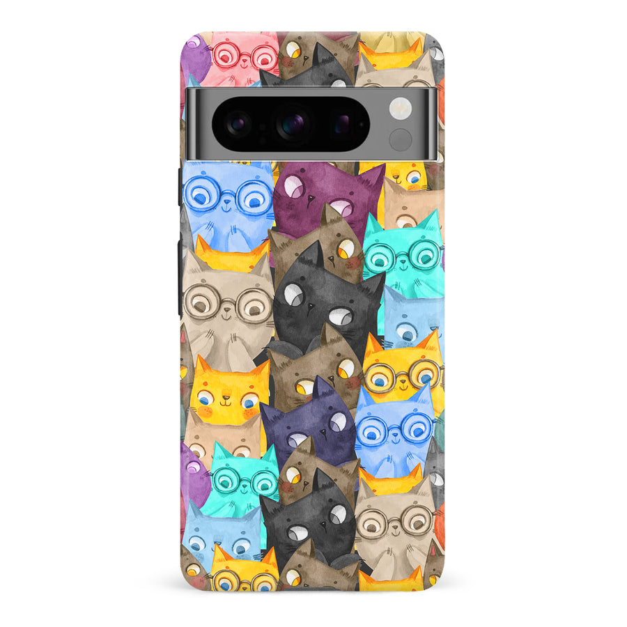 Google Pixel 8 Pro Watercolor Cats with Glasses Multicolor Design Cat Phone Case