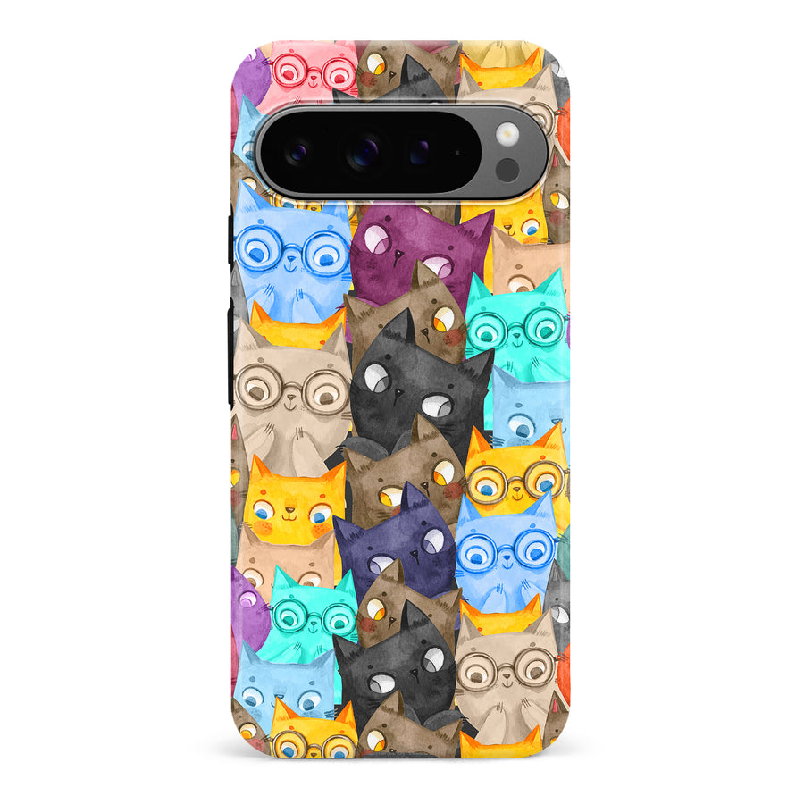 Google Pixel 9 Pro Watercolor Cats with Glasses Multicolor Design Cat Phone Case