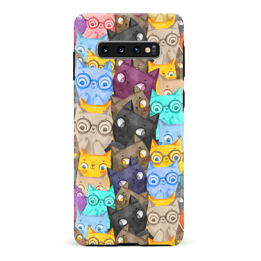 Samsung Galaxy S10 Watercolor Cats with Glasses Multicolor Design Cat Phone Case