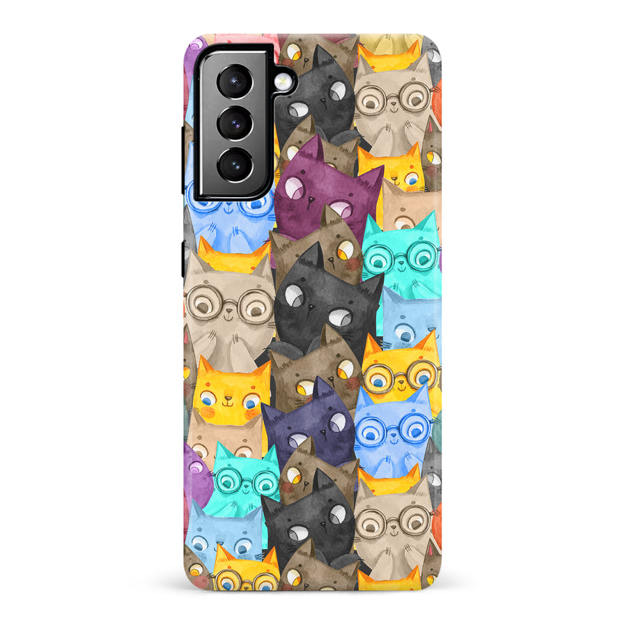 Samsung Galaxy S21 Plus Watercolor Cats with Glasses Multicolor Design Cat Phone Case