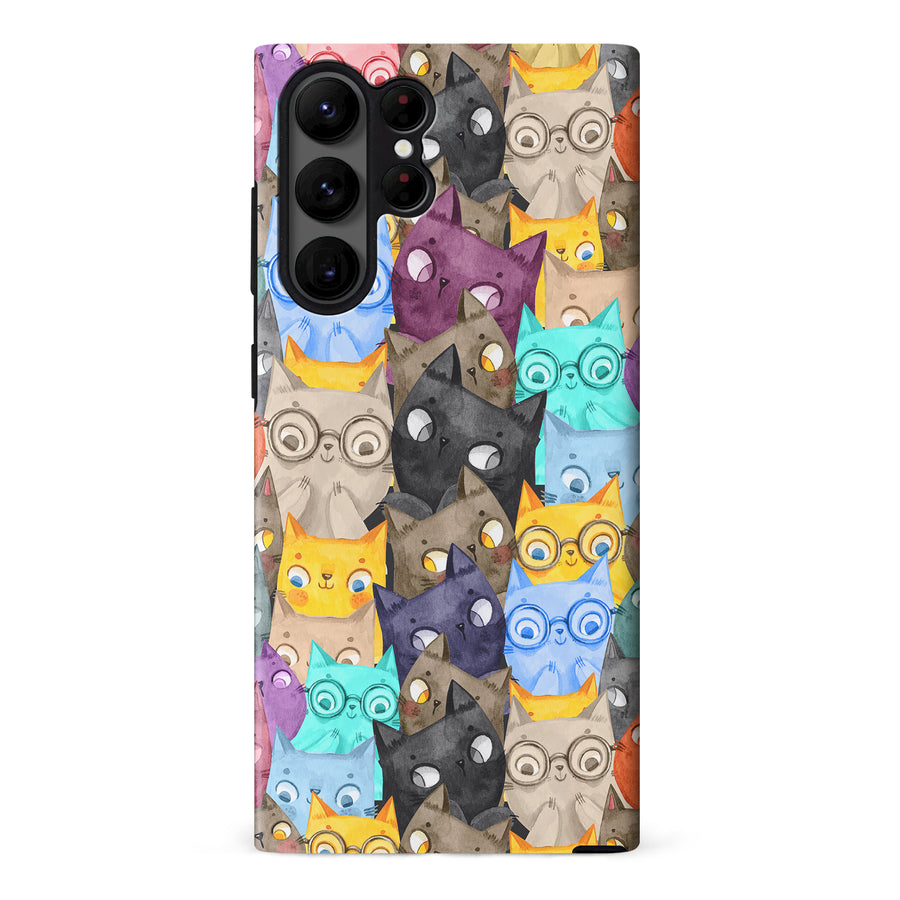 Samsung Galaxy S23 Ultra Watercolor Cats with Glasses Multicolor Design Cat Phone Case