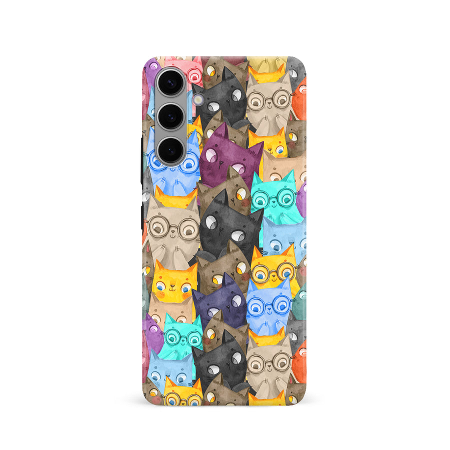 Samsung Galaxy S24 Watercolor Cats with Glasses Multicolor Design Cat Phone Case