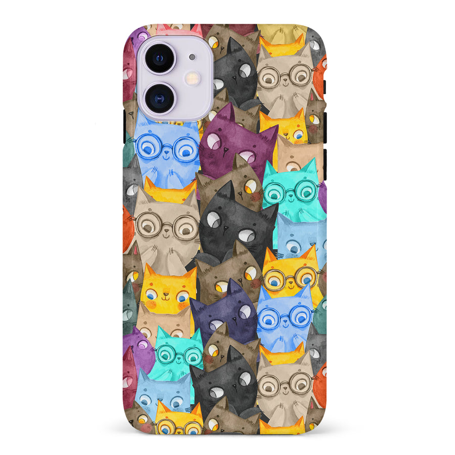 iPhone 11 Watercolor Cats with Glasses Multicolor Design Cat Phone Case