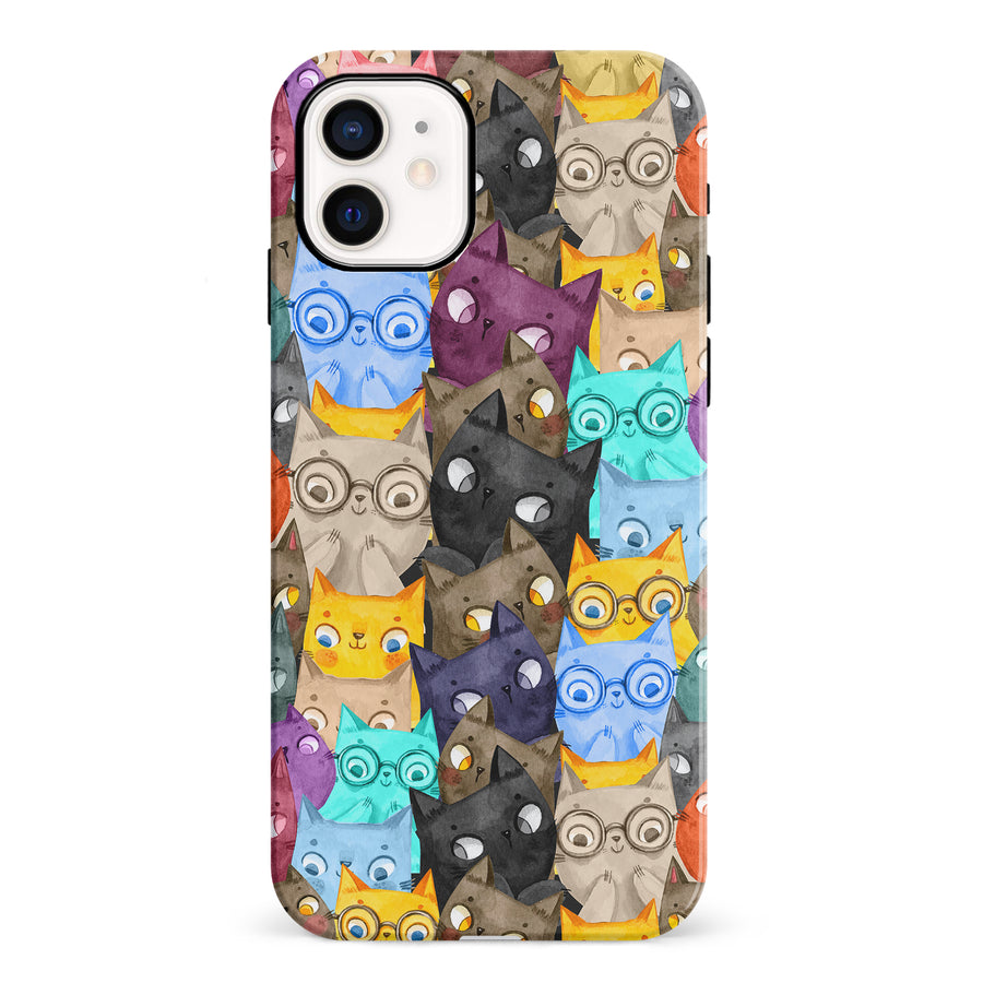 iPhone 12 Mini Watercolor Cats with Glasses Multicolor Design Cat Phone Case