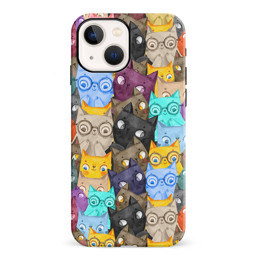 iPhone 13 Mini Watercolor Cats with Glasses Multicolor Design Cat Phone Case