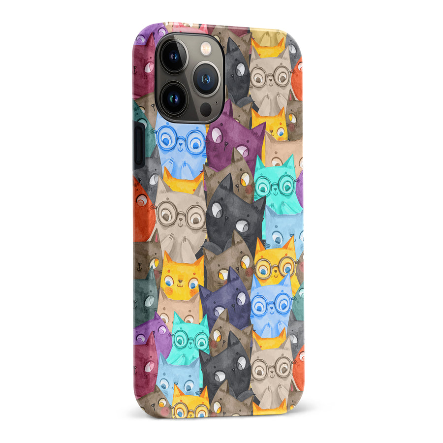 iPhone 13 Pro Max Watercolor Cats with Glasses Multicolor Design Cat Phone Case