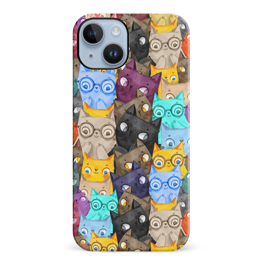 iPhone 14 Plus Watercolor Cats with Glasses Multicolor Design Cat Phone Case