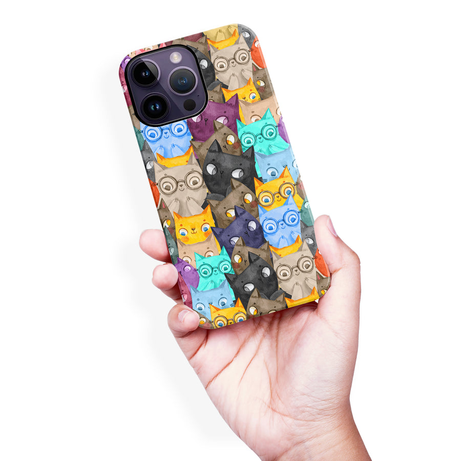 iPhone 14 Pro Max Watercolor Cats with Glasses Multicolor Design Cat Phone Case