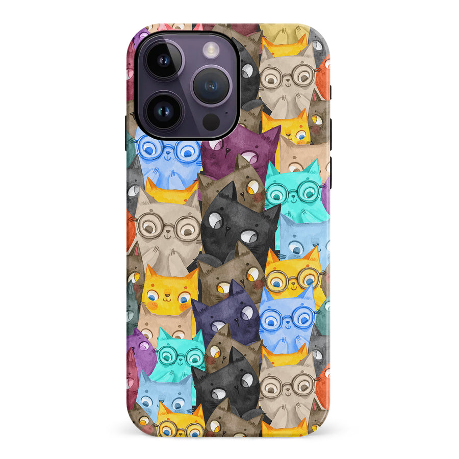 iPhone 14 Pro Max Watercolor Cats with Glasses Multicolor Design Cat Phone Case