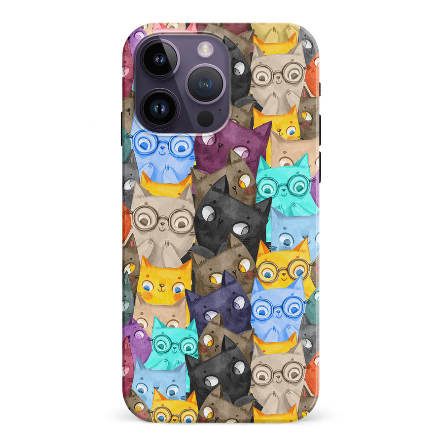 iPhone 15 Pro Watercolor Cats with Glasses Multicolor Design Cat Phone Case