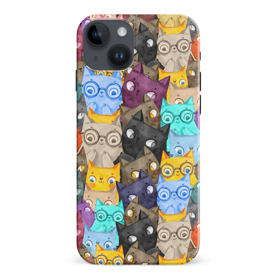 iPhone 15 Plus Watercolor Cats with Glasses Multicolor Design Cat Phone Case