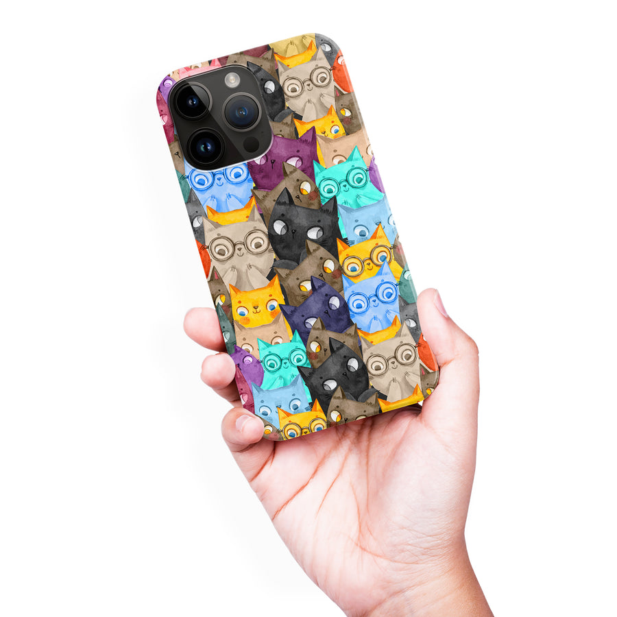 iPhone 15 Pro Max Watercolor Cats with Glasses Multicolor Design Cat Phone Case