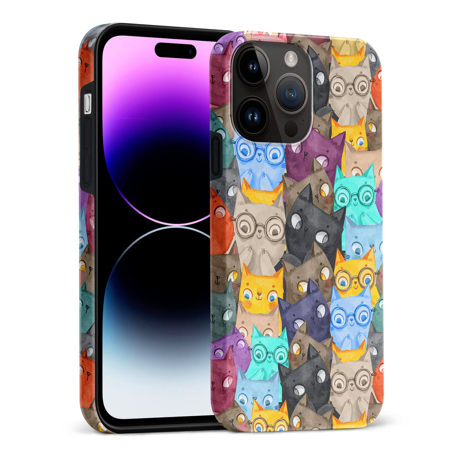 iPhone 15 Pro Max Watercolor Cats with Glasses Multicolor Design Cat Phone Case