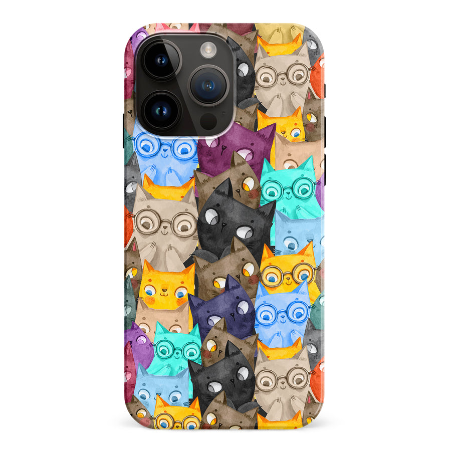 iPhone 15 Pro Max Watercolor Cats with Glasses Multicolor Design Cat Phone Case