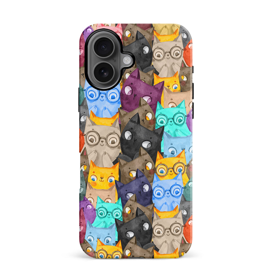 iPhone 16 Watercolor Cats with Glasses Multicolor Design Cat Phone Case