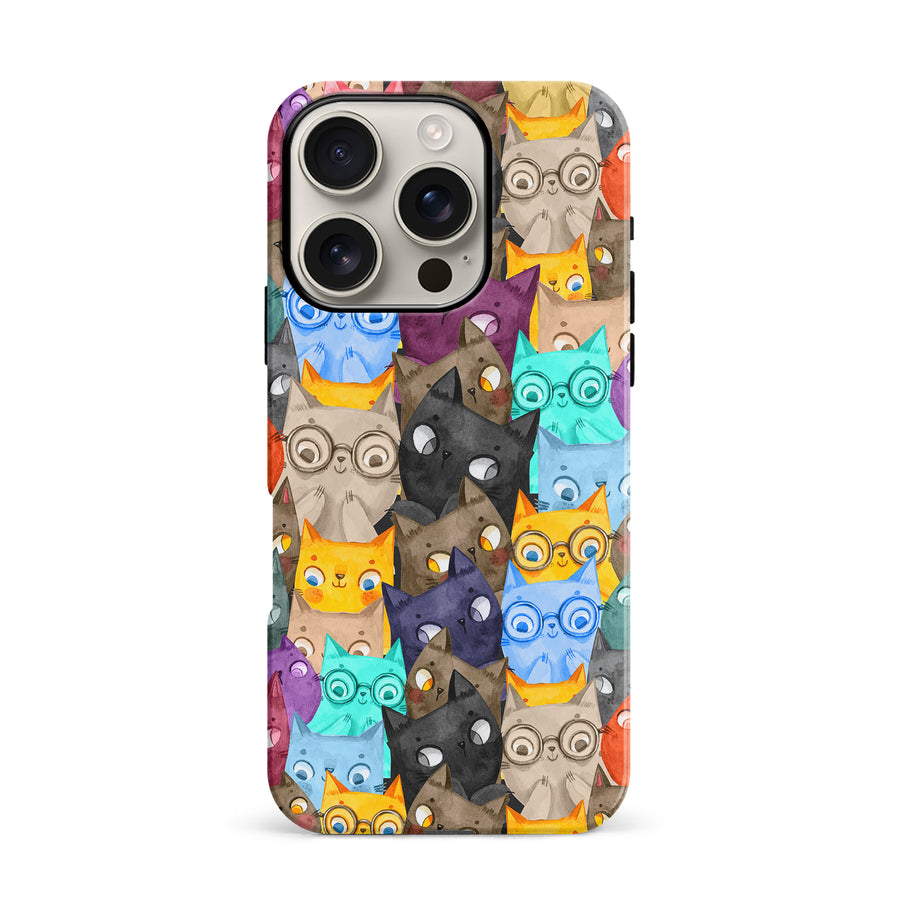 iPhone 16 Pro Watercolor Cats with Glasses Multicolor Design Cat Phone Case