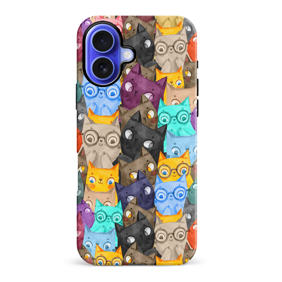 iPhone 16 Plus Watercolor Cats with Glasses Multicolor Design Cat Phone Case