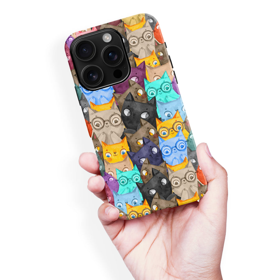 iPhone 16 Pro Max Watercolor Cats with Glasses Multicolor Design Cat Phone Case