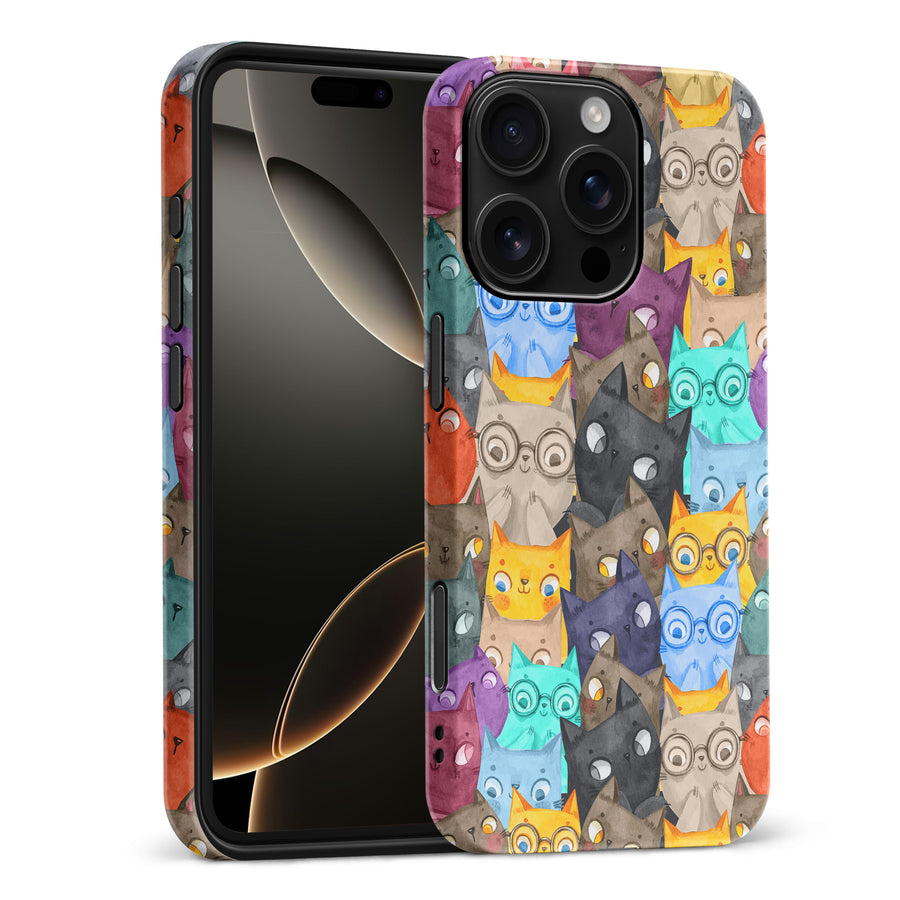 iPhone 16 Pro Max Watercolor Cats with Glasses Multicolor Design Cat Phone Case