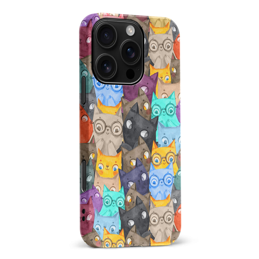 iPhone 16 Pro Max Watercolor Cats with Glasses Multicolor Design Cat Phone Case