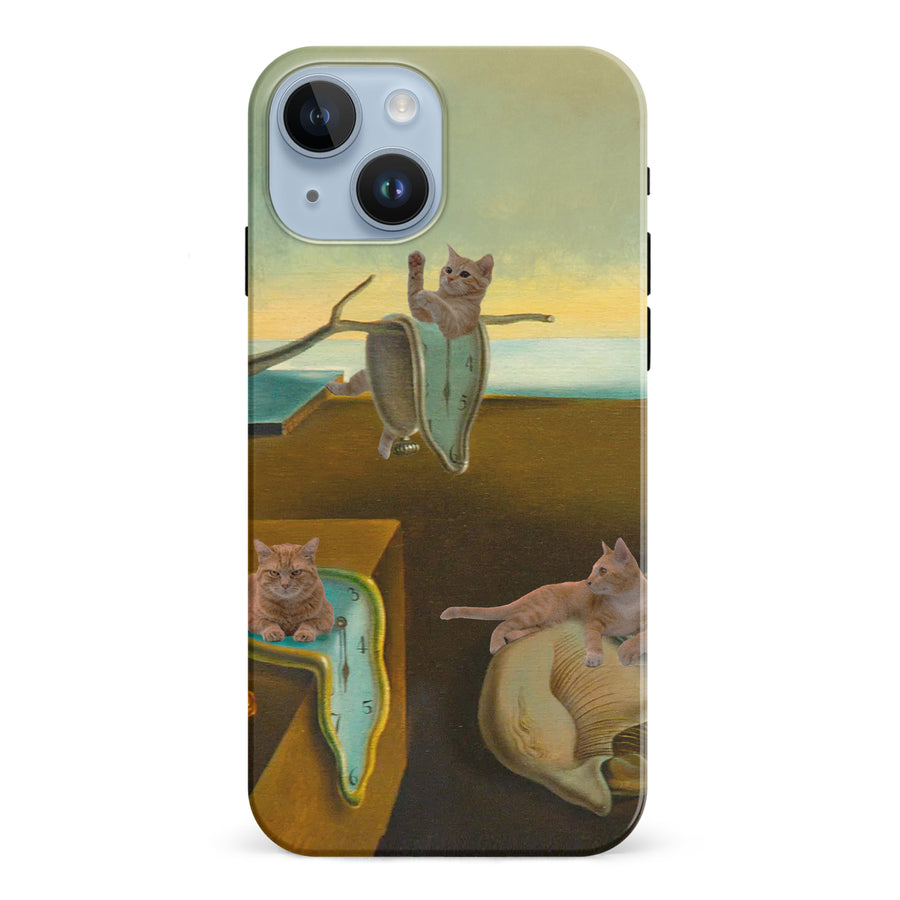 iPhone 15 Surreal Cats on Melting Clocks Artistic Cat Phone Case