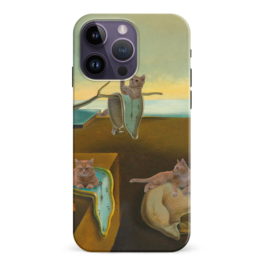 iPhone 15 Pro Surreal Cats on Melting Clocks Artistic Cat Phone Case